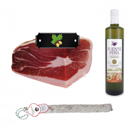 Pack Olio d'oliva Extra + 1/2 prosciutto iberico Etichetta Nera + 1 Salchichon VELA